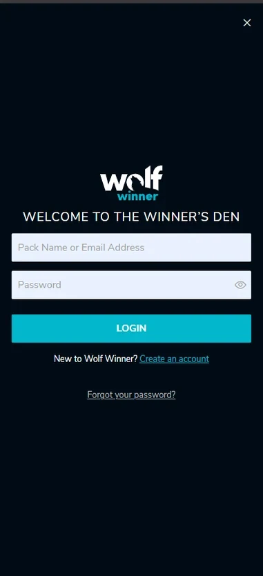 The Wolf Winner sign-in panel on a phone