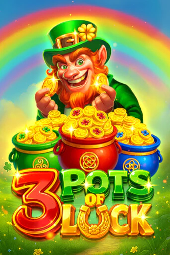 A laughing leprechaun behind three pots of gold under a rainbow