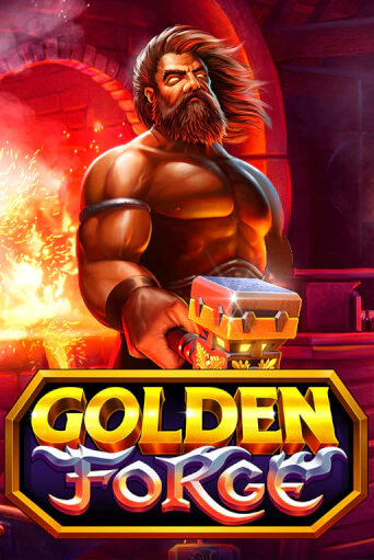 A bearded blacksmith beside a fiery furnace holding a gold-trimmed anvil