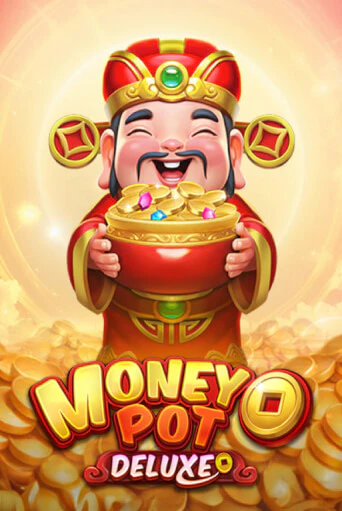 A laughing figure in red robes holding a bowl heaped with gold and gems