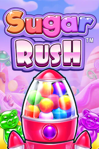 Rocket-shaped gumball machine flanked by green and purple gummy bears