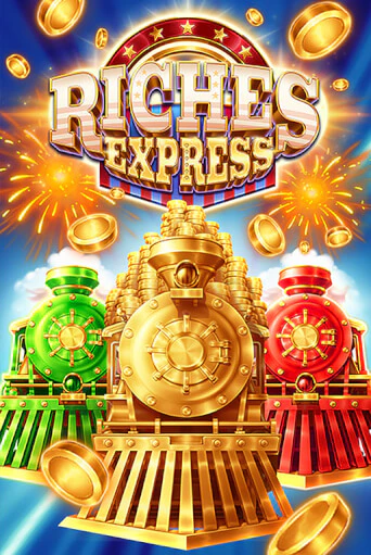 Three toy locomotives and flying gold coins under bursting fireworks